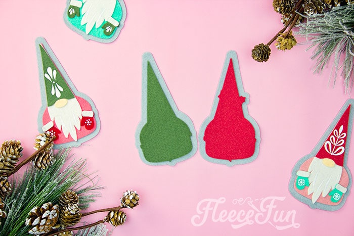 Fleecefun tutorial showing how to glue the gnome ornament for a no-sew project.