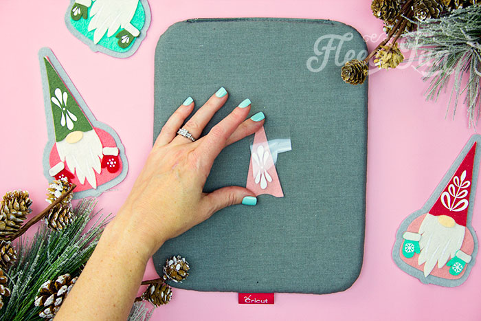 No-sew felt gnome ornament with HTV added using fleecefun's free pattern.