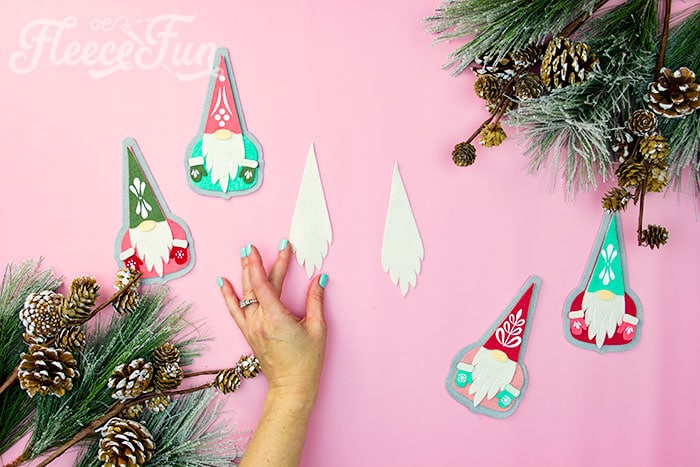 Step-by-step guide to cutting gnome ornament pieces with fleecefun’s free template.