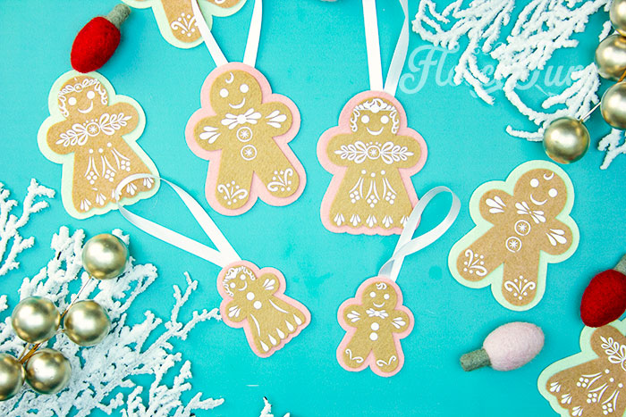 DIY Felt Gingerbread Boy ornament assembly using fleecefun free template.