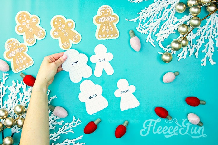 Felt Gingerbread Woman pattern pieces cut out with fleecefun free template guide.