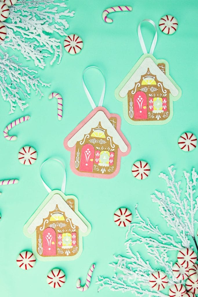 Close-up of gingerbread house ornament pattern cut from felt via fleecefun tutorial