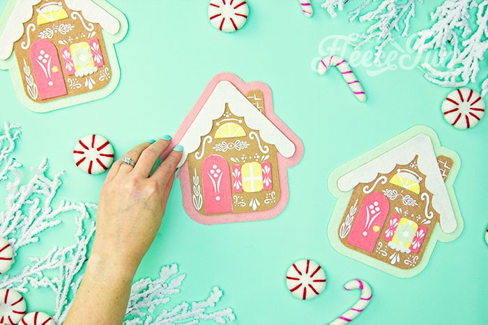 Step-by-step assembly of the felt gingerbread house ornament with fleecefun’s free template