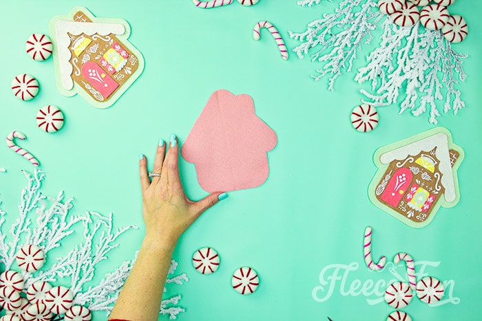 Gingerbread house ornament template pieces cut from felt with fleecefun free template