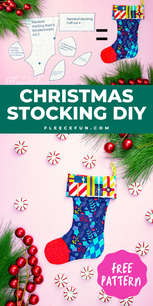 Learn How to Make a Christmas stocking with this free pattern and step by step instructions!  This adorable stocking can be made 4 different ways.  There is the classic style, the patchwork classic style and a curly toes stocking and a patchwork curly toed stocking.  This is a Christmas stocking with a lining.  to make The free pdf pattern of the holiday stocking comes in two sizes a 17" and a 12". 