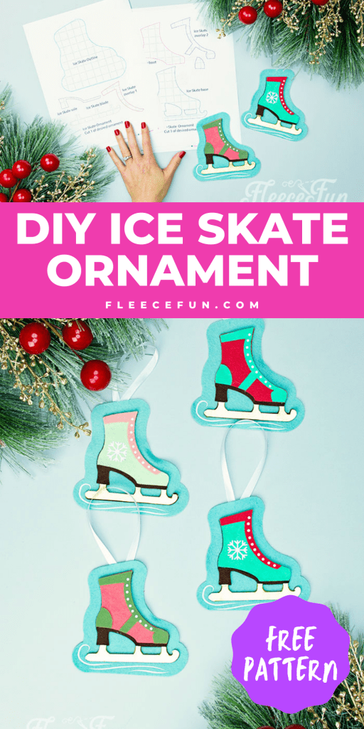 You can make this homemade Ice Skate ornament DIY (free pattern).  With a few materials, this no sew felt ornament can be a wonderful addition to your Christmas tree.  It also makes a lovely handmade gift for a loved one.  This free templates comes with two versions of the skate: one spats shoe style and one with a snowflake on the side.  You can also modify the pattern and eliminate the blue background if you wish.