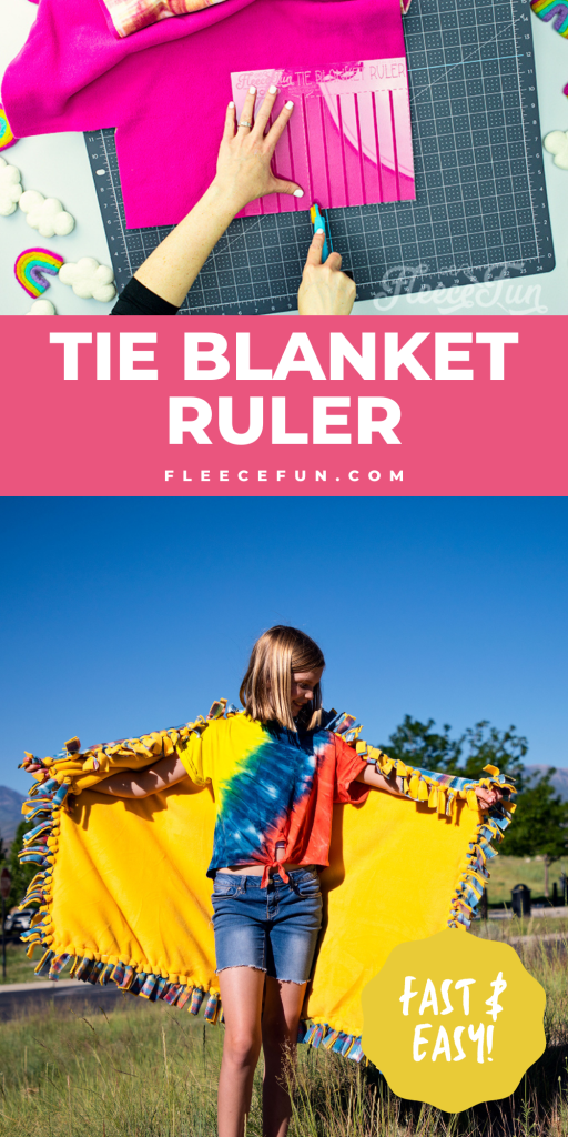 Learn how to use Fleece Fun's Tie Blanket Ruler with this handy tutorial. While tying no sew fleece blankets is easy - CUTTING the thing is and entirely different matter. It takes forever to measure, mark and cut the blanket to get to the tying part of the project! But thanks to this handy Tie Blanket Ruler or Tie Blanket Template (that also happens to be patent pending) you can cut down the cutting and marking to a fraction of the time.
