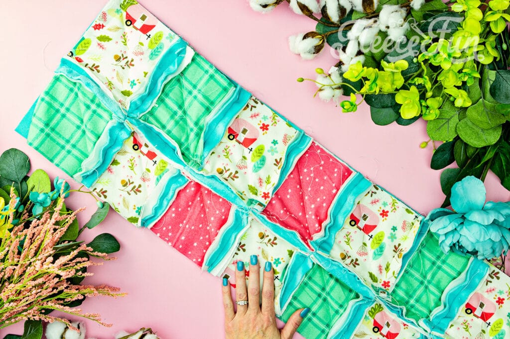 two rows of a DOY beginner rag quilt sewn together