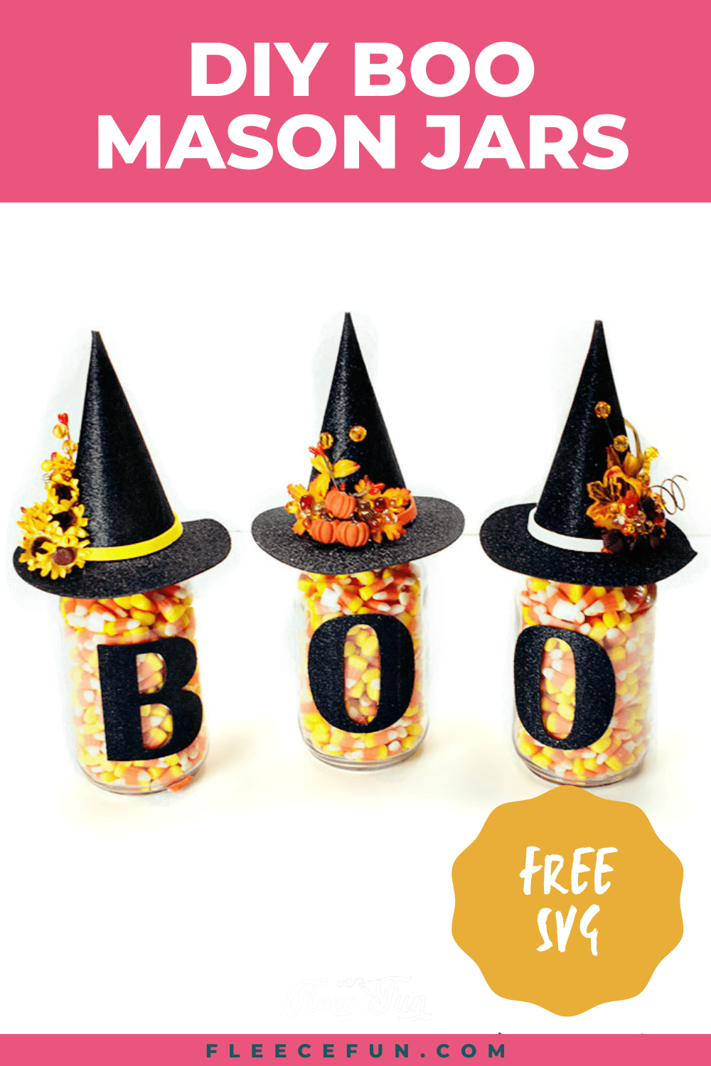 These Halloween Mason Jars are an easy craft project. Perfect for fall decor or a hostess gift. Love the free Halloween SVG file that comes with it!