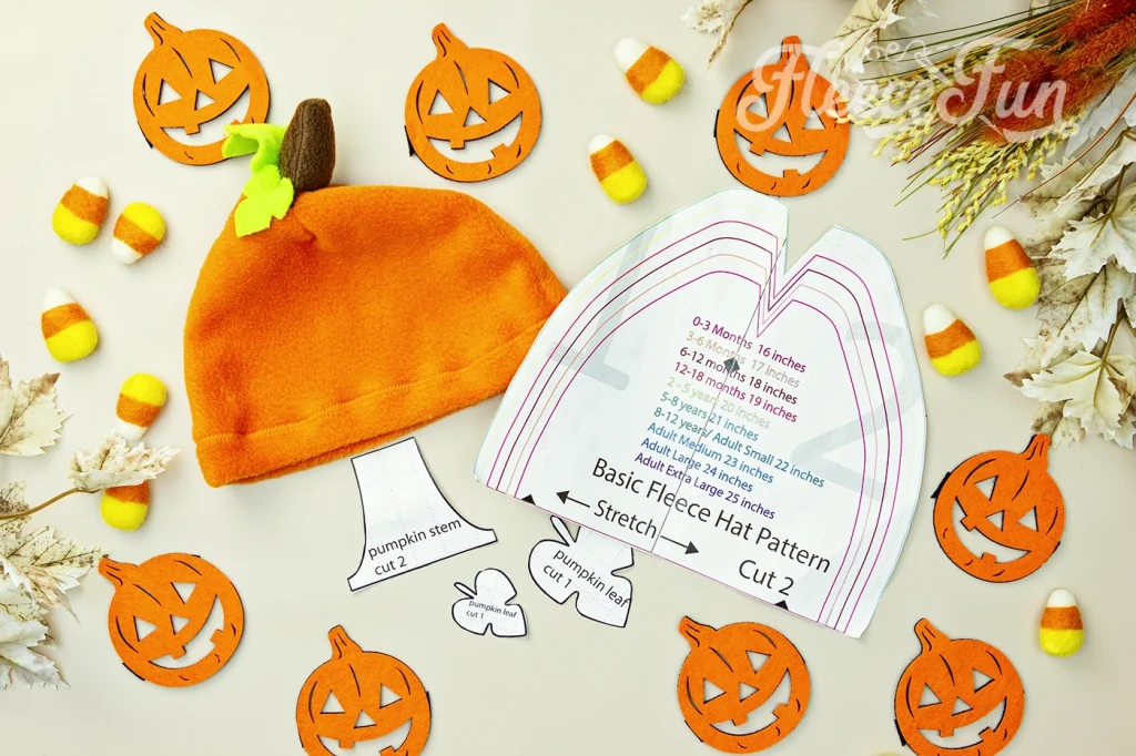 Fleece Pumpkin hat pattern with all of the free pdf pattern pieces.  How to make a fleece hat