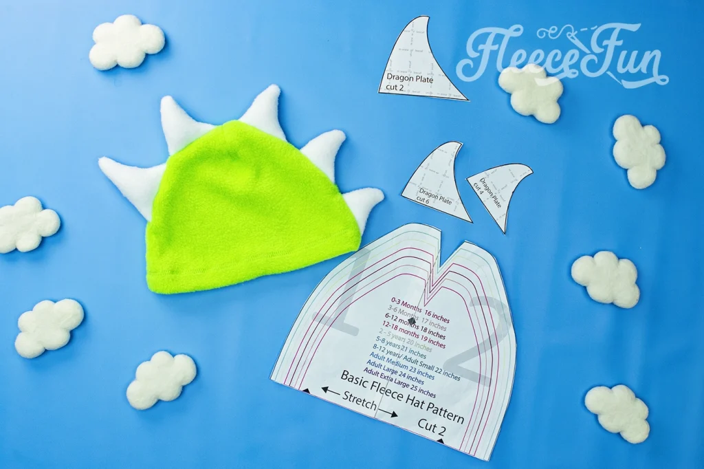 The free fleece hat pattern pieces required to make the dinosaur hat.