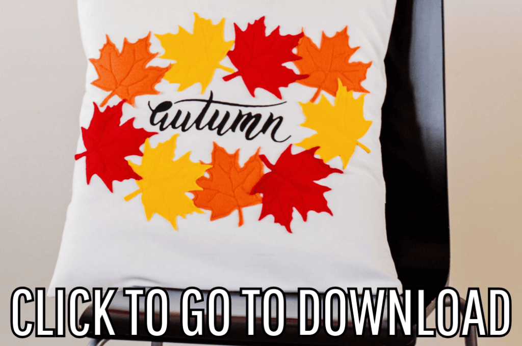 Autumn leaves pillow with fall leaves of autumn colors made with free PDF pattern and step by step tutorial from fleece fun, with the text "CLICK TO GO TO DOWNLOAD" displayed at the bottom.