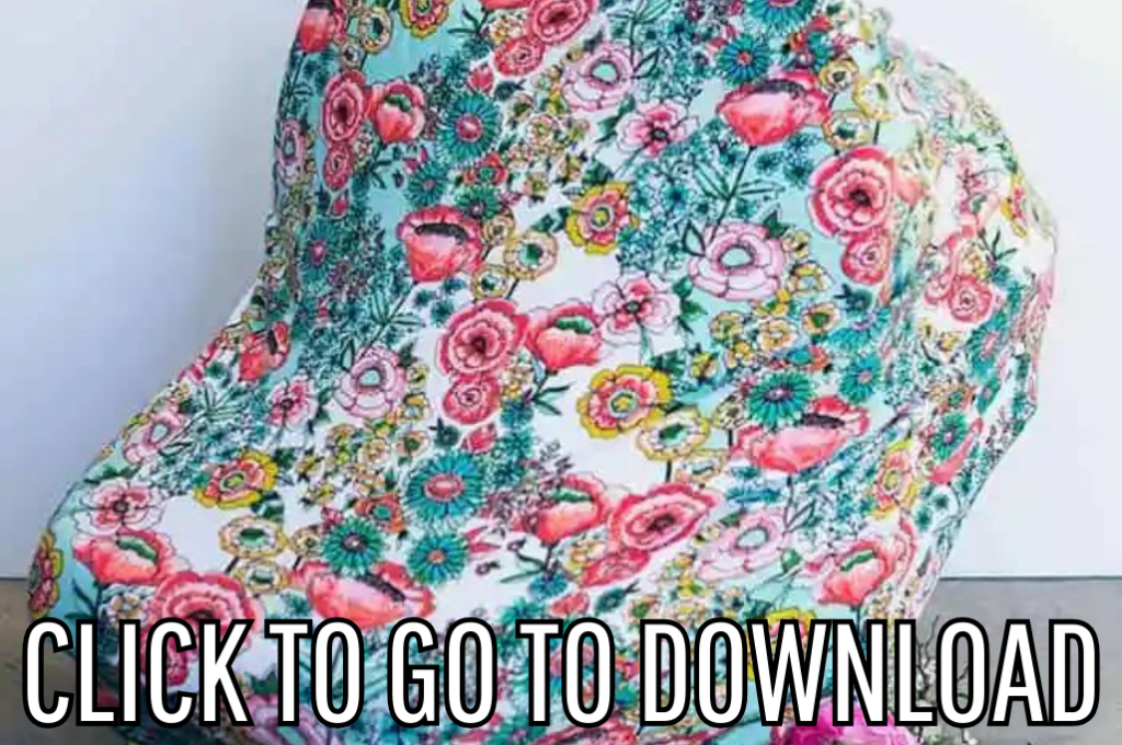 A stretchy baby car seat canopy covered with a colorful floral fabric, showcasing a lively and intricate design. Text at the bottom reads "CLICK TO GO TO DOWNLOAD" 