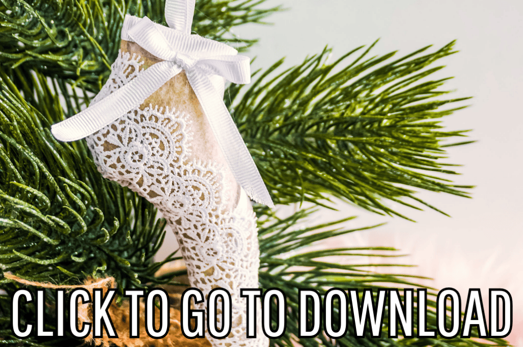 A close-up of a white laced Ballet Slipper Christmas ornament hanging on a tree branch. Text at the bottom reads "CLICK TO GO TO DOWNLOAD."