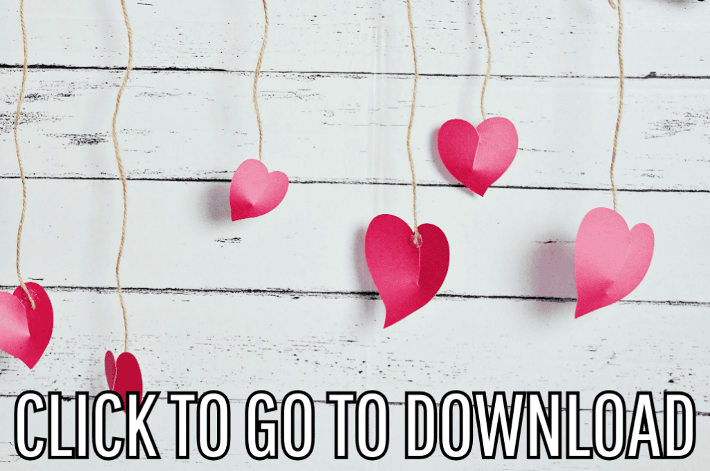 Pink and red paper hearts hanging from a branch, creating a charming and romantic decoration against a light wooden background. Text at the bottom reads "CLICK TO GO TO DOWNLOAD"