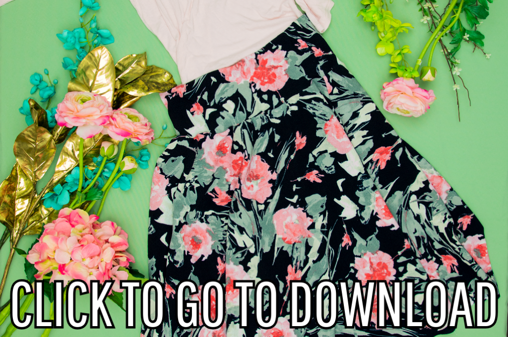 a half-circle skirt with a floral pattern featuring pink and white flowers on a black background. The skirt is paired with a white top, and the ensemble is surrounded by decorative flowers, including pink roses and gold leaves, set against a green background. The text 'CLICK TO GO TO DOWNLOAD' is overlaid at the bottom of the image in bold, white letters.