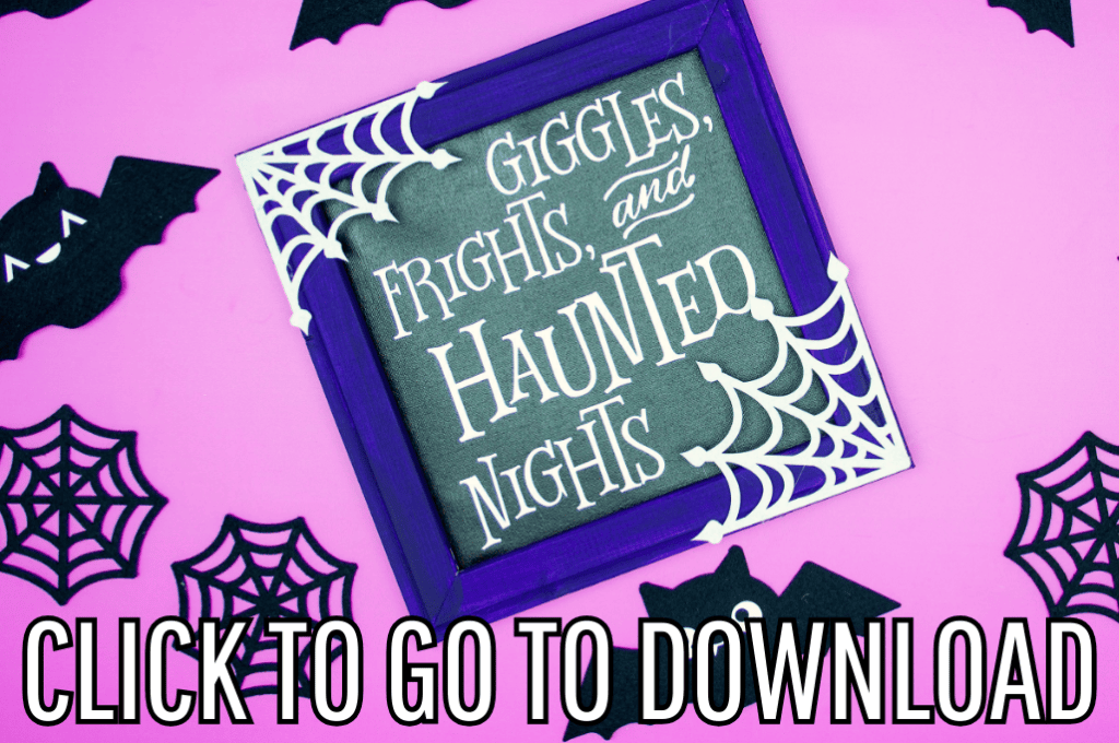 a halloween canvas decor that says "giggles, frights, and haunted nights" made using fleecefun.com's free tutorial. Text at the bottom reads "CLICK TO GO TO DOWNLOAD."