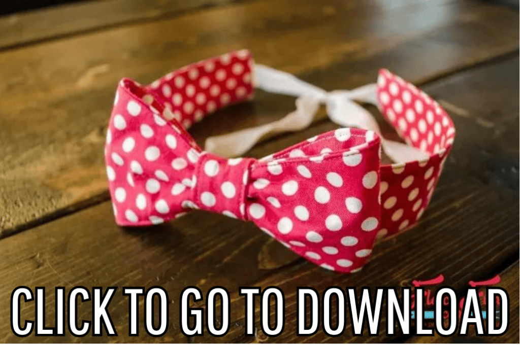 A red bow tie headband with white polka dots is neatly placed on a rustic wooden surface. The bow tie is prominently displayed, showcasing its vibrant color and pattern. The headband is tied with white ribbons. The bottom of the image features bold white text that reads "CLICK TO GO TO DOWNLOAD."