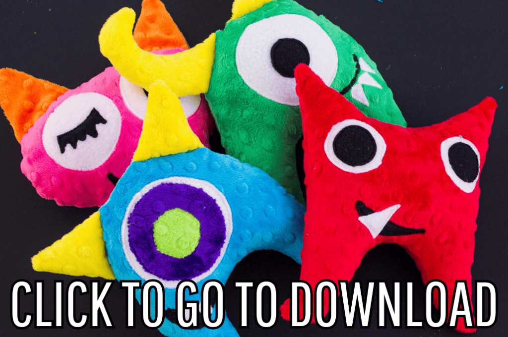 Four colorful, plush monster toys with unique designs are arranged closely together on a black background. Each monster features bright, textured fabric in various colors: pink, green, blue, and red. They have playful expressions with large, contrasting eyes and different shaped features, such as horns, eyelashes, and teeth. Text overlay at the bottom reads "CLICK TO GO TO DOWNLOAD" in bold white letters.