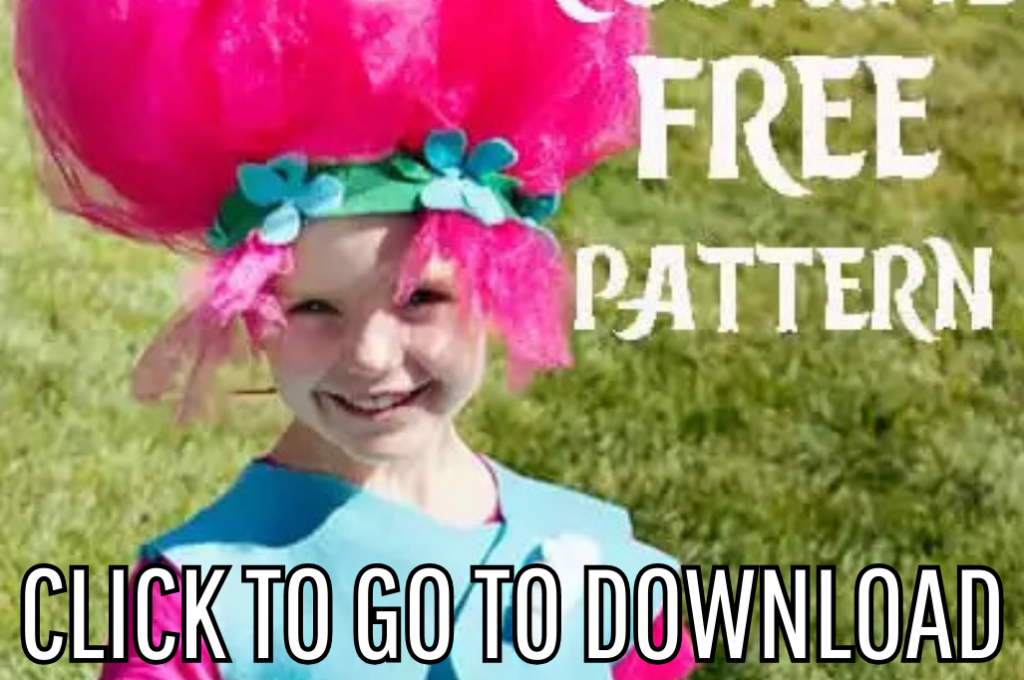A young girl wearing a pink Trolls hair and costume with a flower headband, smiling outdoors. Text at the bottom reads "CLICK TO GO TO DOWNLOAD."