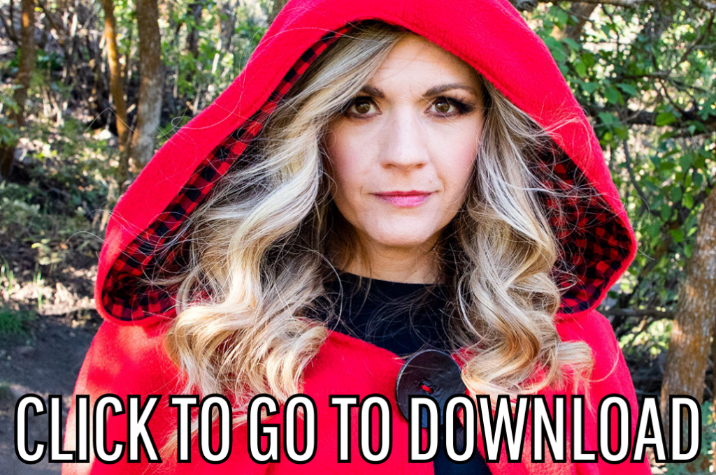 A woman with long, wavy hair wearing a striking red hooded cape, standing outdoors in a forest setting. Text at the bottom reads "CLICK TO GO TO DOWNLOAD."