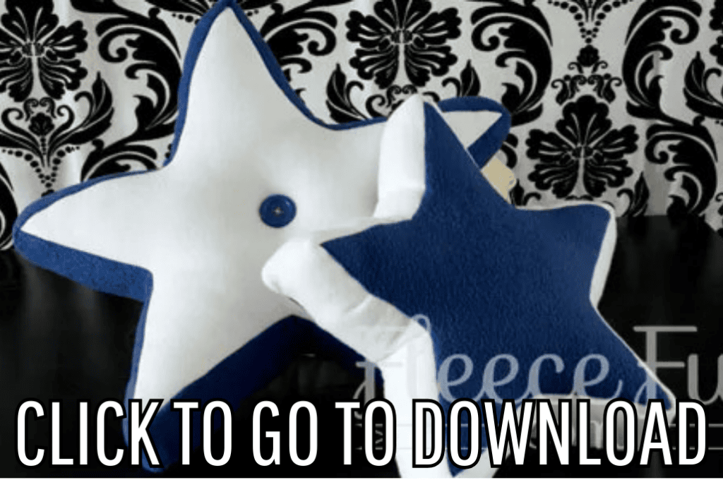 Two star-shaped pillows, one blue and one white, on a black and white patterned background. Text at the bottom reads "CLICK TO GO TO DOWNLOAD."