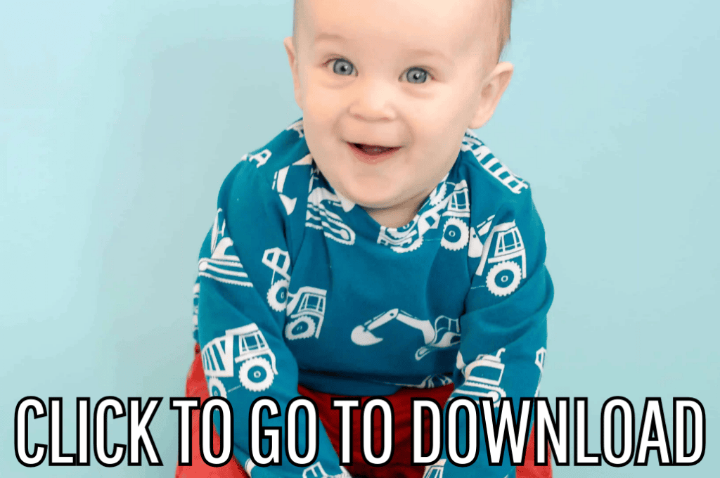 an adorable baby wearing a blue longsleeved baby shirt made using fleecefun.com's free pattern. Text at the bottom reads "CLICK TO GO TO DOWNLOAD."