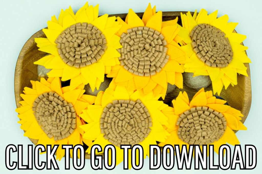a bouquet of mini felt sunflowers made using fleecefun.com's free pattern. Text at the bottom reads "CLICK TO GO TO DOWNLOAD."