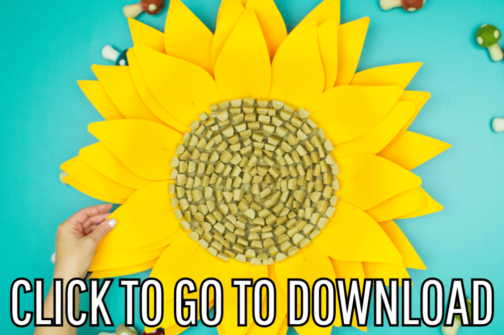 a giant felt sunflower made using fleecefun.com's free pattern. Text at the bottom reads "CLICK TO GO TO DOWNLOAD."