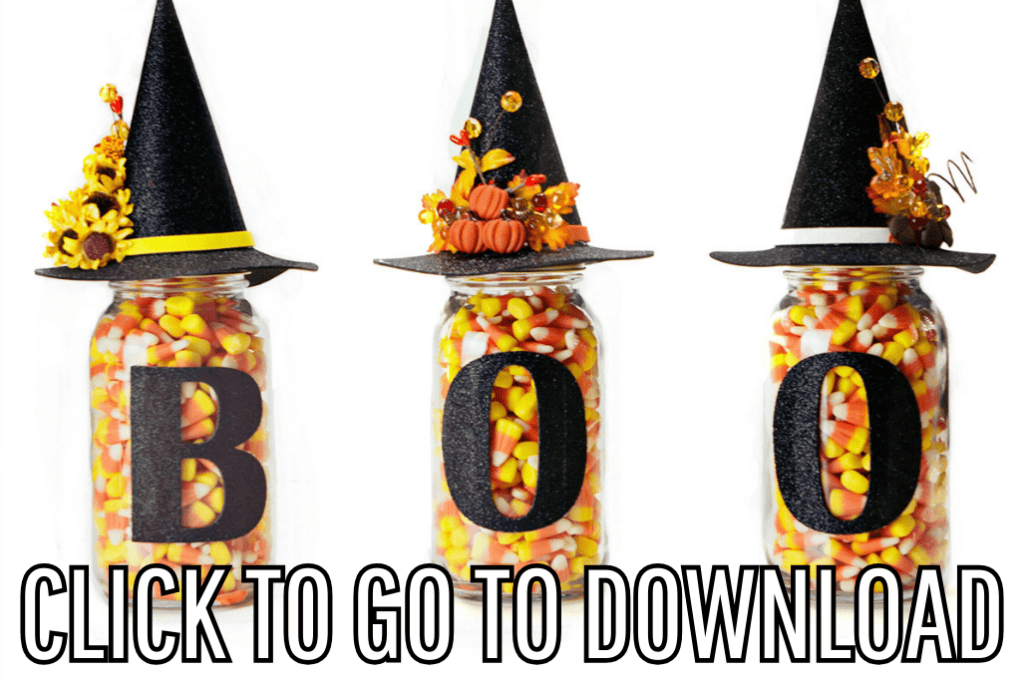 Cute Halloween Decor Mason Jars spelling out BOO made with free SVG Files and step by step tutorial from fleece fun, with the text "CLICK TO GO TO DOWNLOAD" displayed at the bottom.