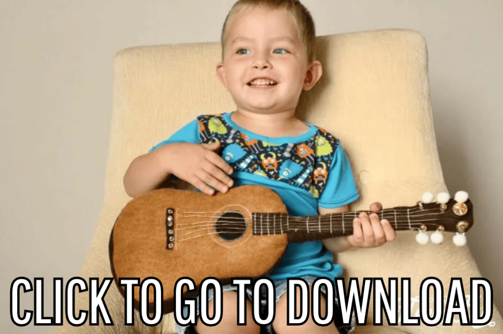 an adorable child playing with a diy felt guitar made with the free pattern and tutorial from fleecefun.com, with the text "CLICK TO GO TO DOWNLOAD" displayed at the bottom.