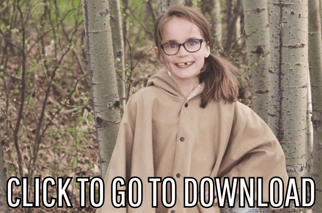 Fall Season Cape for Girls made with free pattern and tutorial from fleece fun, with the text "CLICK TO GO TO DOWNLOAD" displayed at the bottom.