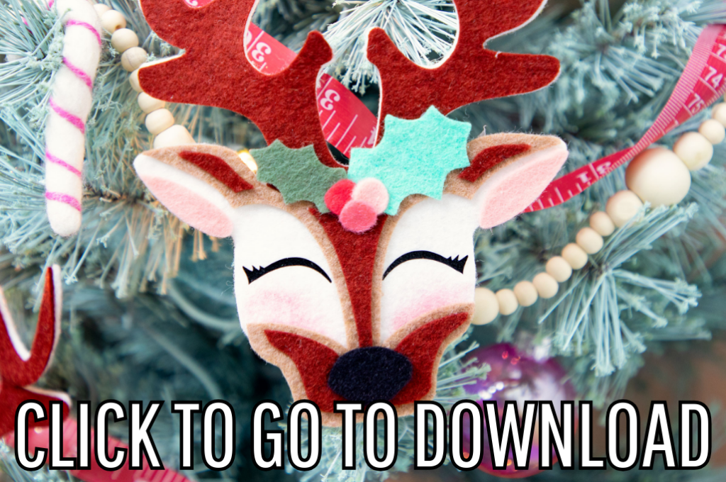 Handmade Christmas Felt Ornaments with the shape of a Reindeer's head made frome free svg FILES and tutorial from fleecefun.com, with the text "CLICK TO GO TO DOWNLOAD" displayed at the bottom.