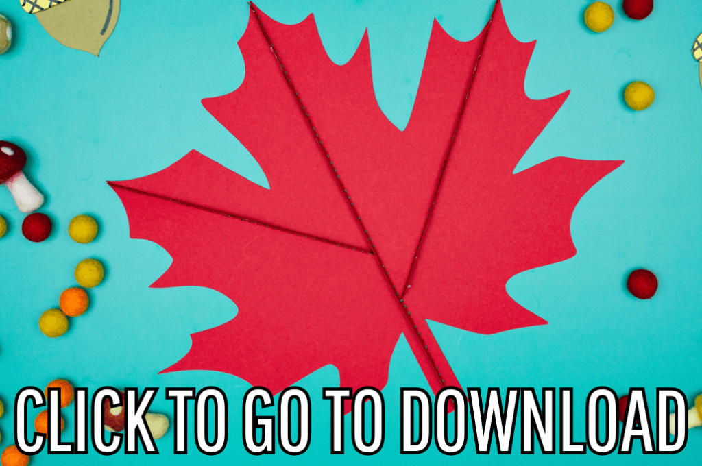 Giant red maple leaf fall decor made from free svg FILES and tutorial from fleecefun.com, with the text "CLICK TO GO TO DOWNLOAD" displayed at the bottom.