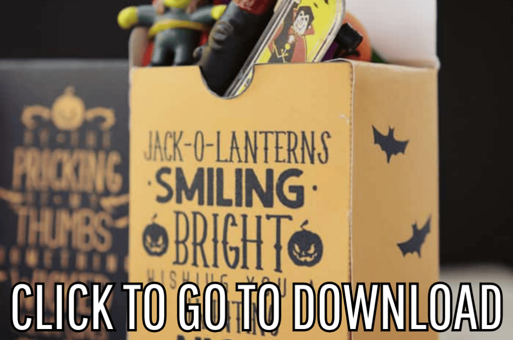 a halloween treat box with the text "jack-o-lanterns smiling bright wishing you a haunting night" made with free printables and tutorial from fleecefun.com, with the text "CLICK TO GO TO DOWNLOAD" displayed at the bottom.