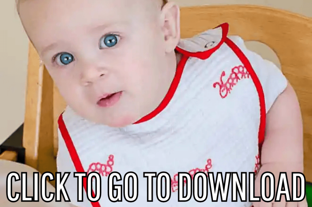 A DIY baby muslin bib made with fleecefun.com's free tutorial and pattern is worn by an adorable baby, with the text "CLICK TO GO TO DOWNLOAD" displayed at the bottom.