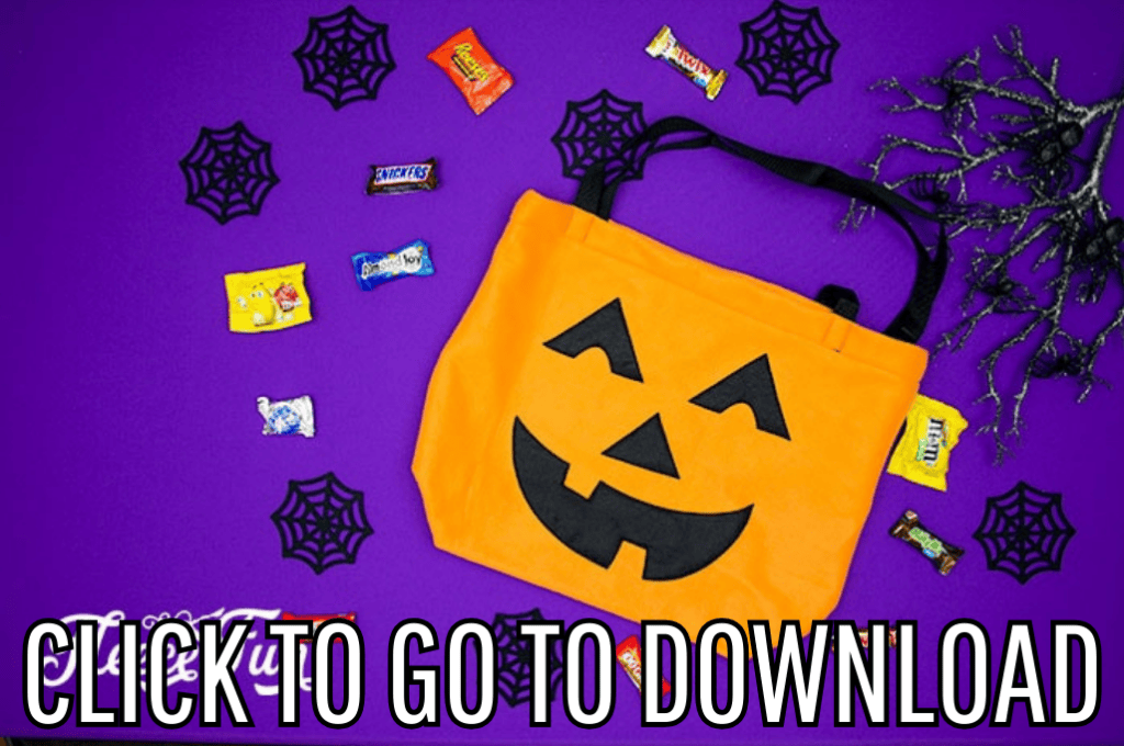 Halloween Trick or Treat Tote Bage with Pumpkin Design made with free pattern and tutorial from fleece fun, with the text "CLICK TO GO TO DOWNLOAD" displayed at the bottom.