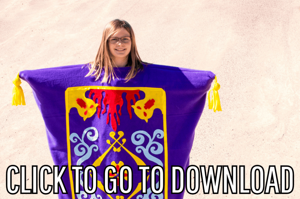 a fun magic carpet costume inspired by Aladdin, great for cosplay and halloween parties, made with free pattern and step by step tutorial from fleece fun, with the text "CLICK TO GO TO DOWNLOAD" displayed at the bottom.