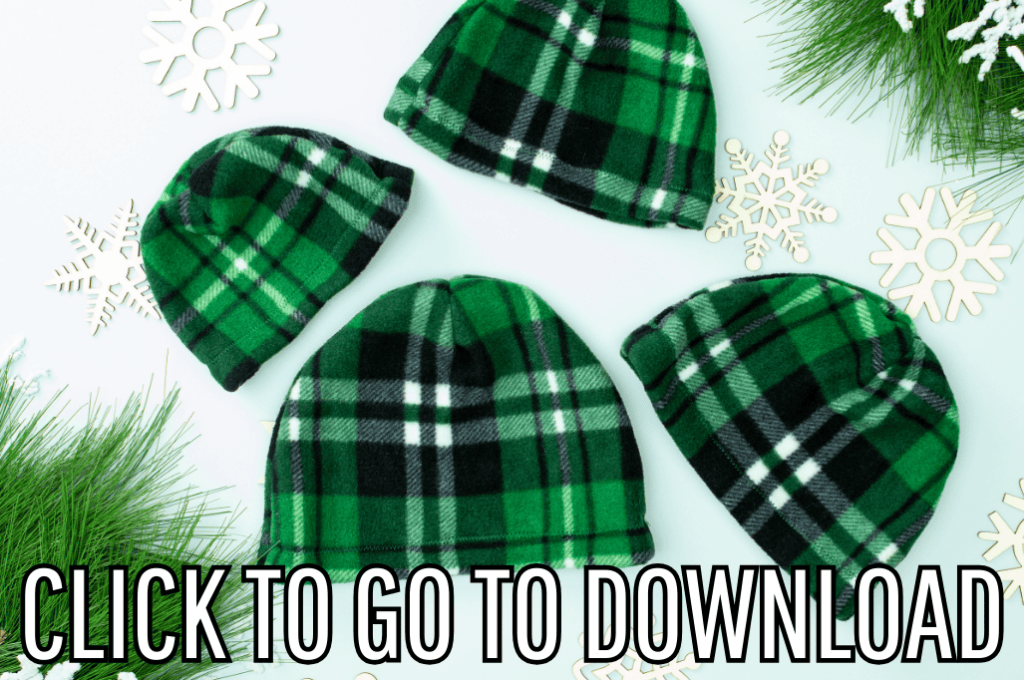 a cute basic fleece hat with green and white stripes, perfect for fall and winter, made with free pattern and step by step tutorial from fleece fun, with the text "CLICK TO GO TO DOWNLOAD" displayed at the bottom.
