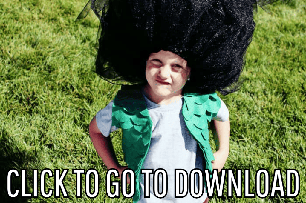 a cute troll costume inspired by the troll Branch, great for cosplay and halloween parties, made with free pattern and step by step tutorial from fleece fun, with the text "CLICK TO GO TO DOWNLOAD" displayed at the bottom.