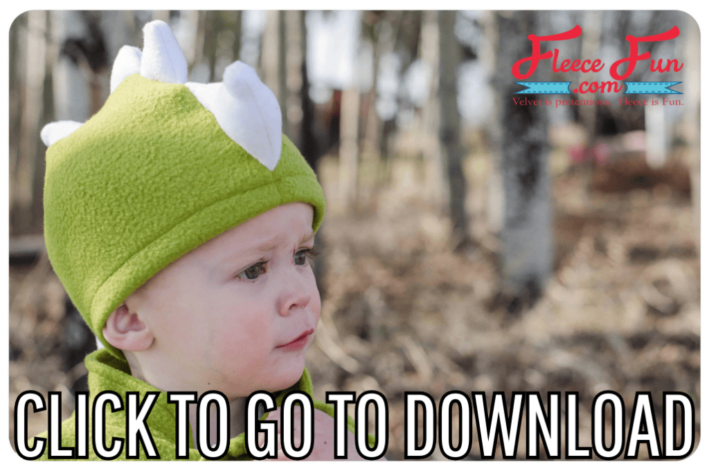 A fleece vest and hat resembling a dragon or dinosaur for babies and kids, great for cosplay and halloween parties, made with free pattern and step by step tutorial from fleece fun, with the text "CLICK TO GO TO DOWNLOAD" displayed at the bottom. 