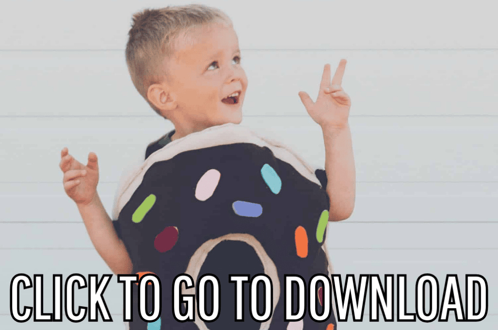 an adorable donut costume with chocolate and sprinkles design, perfect for children's costumes and halloween parties, made with free pattern and step by step tutorial from fleece fun, with the text "CLICK TO GO TO DOWNLOAD" displayed at the bottom.