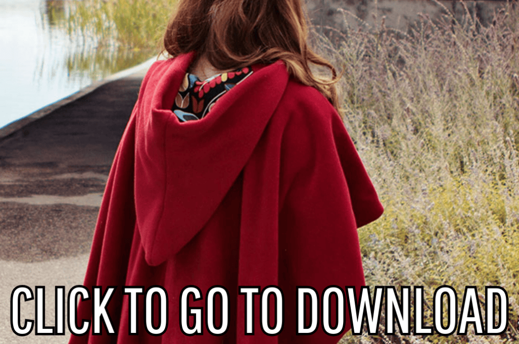 A red high low styled hooded cloak with brown buckle, perfect for halloween parties and cosplay, made with free pattern and step by step tutorial from fleece fun, with the text "CLICK TO GO TO DOWNLOAD" displayed at the bottom.