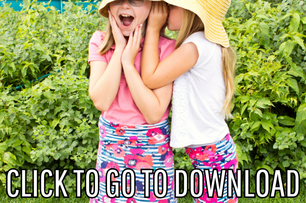 two adorable children wearing jersey knit midi skirt, made with free pattern and step by step tutorial from fleece fun, with the text "CLICK TO GO TO DOWNLOAD" displayed at the bottom.