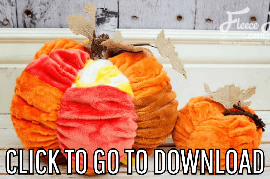  a cute patchwork fabric pumpkin, perfect for fall décor and halloween parties, made with free pattern and step by step tutorial from fleece fun, with the text "CLICK TO GO TO DOWNLOAD" displayed at the bottom. 