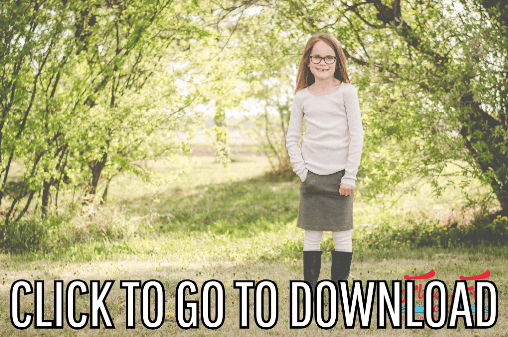 adorable upcycled sweater skirt for girls made with free pattern and step by step tutorial from fleece fun, with the text "CLICK TO GO TO DOWNLOAD" displayed at the bottom.