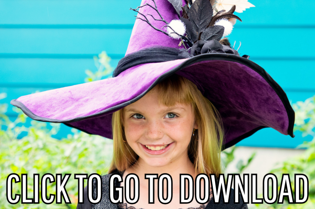 Black and Violet Witch hat with for all sizes perfect for Halloween costume parties made with free pattern and step by step tutorial from fleece fun, with the text "CLICK TO GO TO DOWNLOAD" displayed at the bottom.