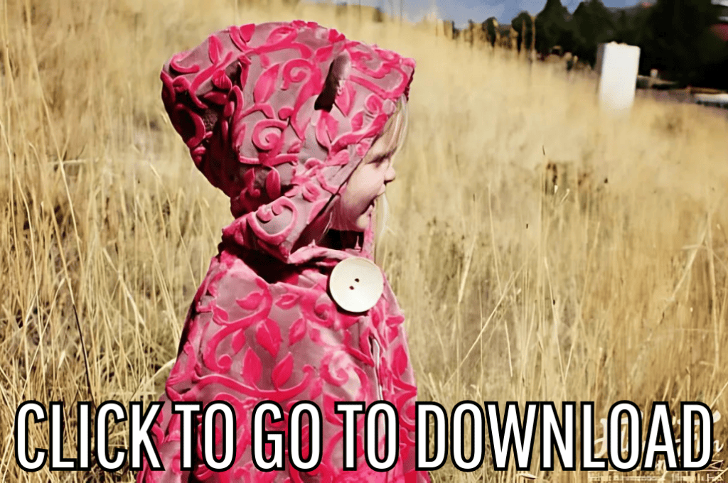 A child cuddle cape, perfect as a car seat poncho, made with free pattern and step by step tutorial from fleece fun, with the text "CLICK TO GO TO DOWNLOAD" displayed at the bottom.