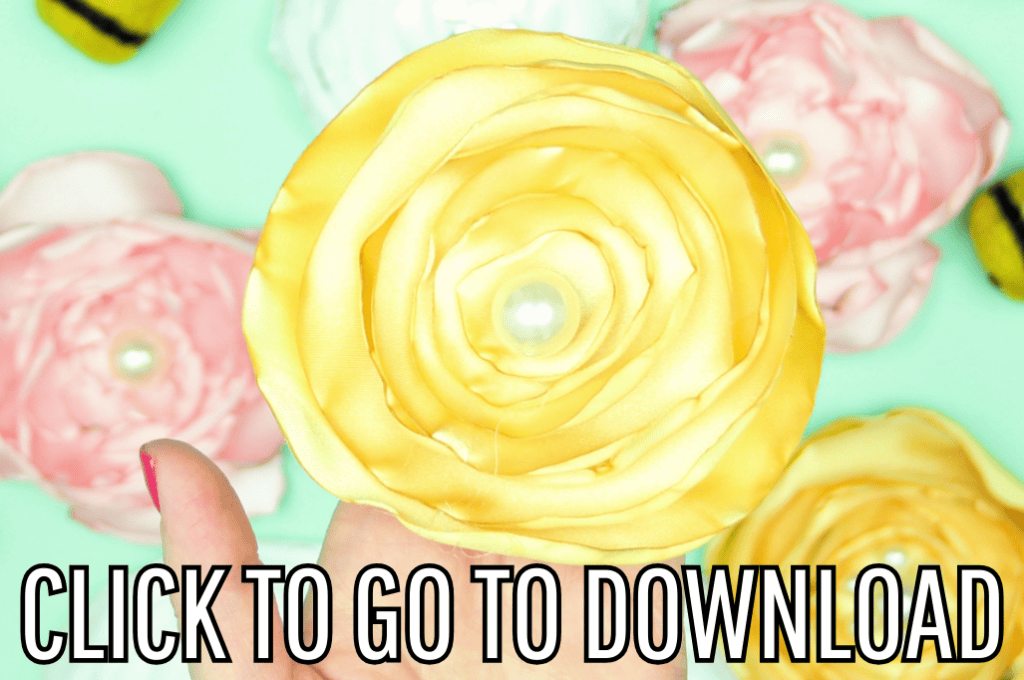 a DIY fabric satin flower made with free pattern and step by step tutorial from fleece fun, with the text "CLICK TO GO TO DOWNLOAD" displayed at the bottom.