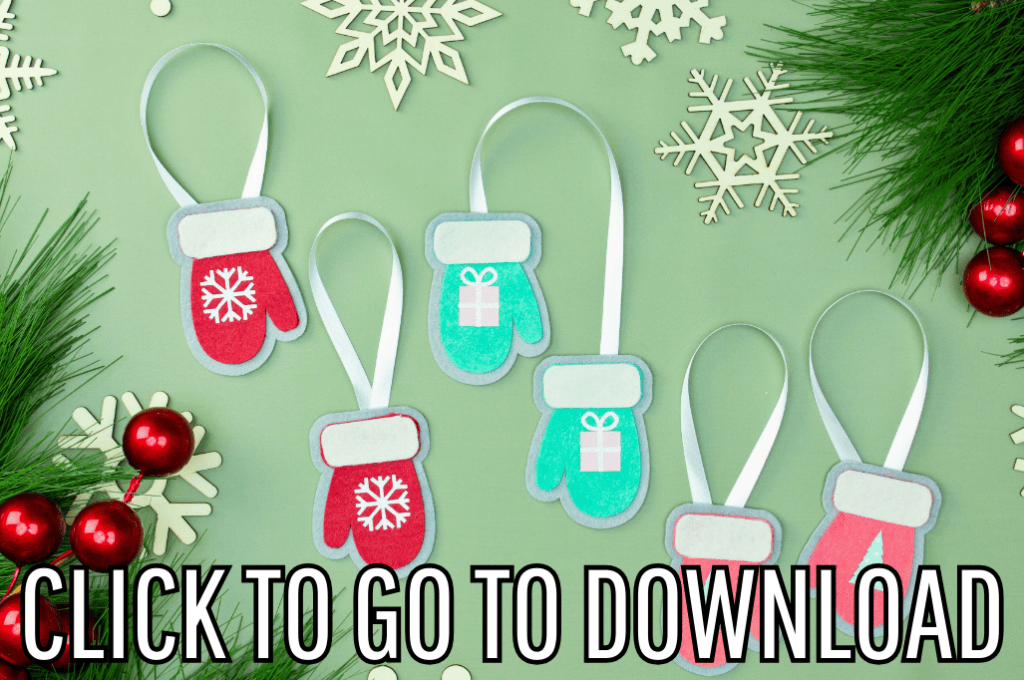 A felt mittens ornament diy, made with different christmas colors, perfect for christmas parties, made with free pattern and step by step tutorial from fleece fun, with the text "CLICK TO GO TO DOWNLOAD" displayed at the bottom.